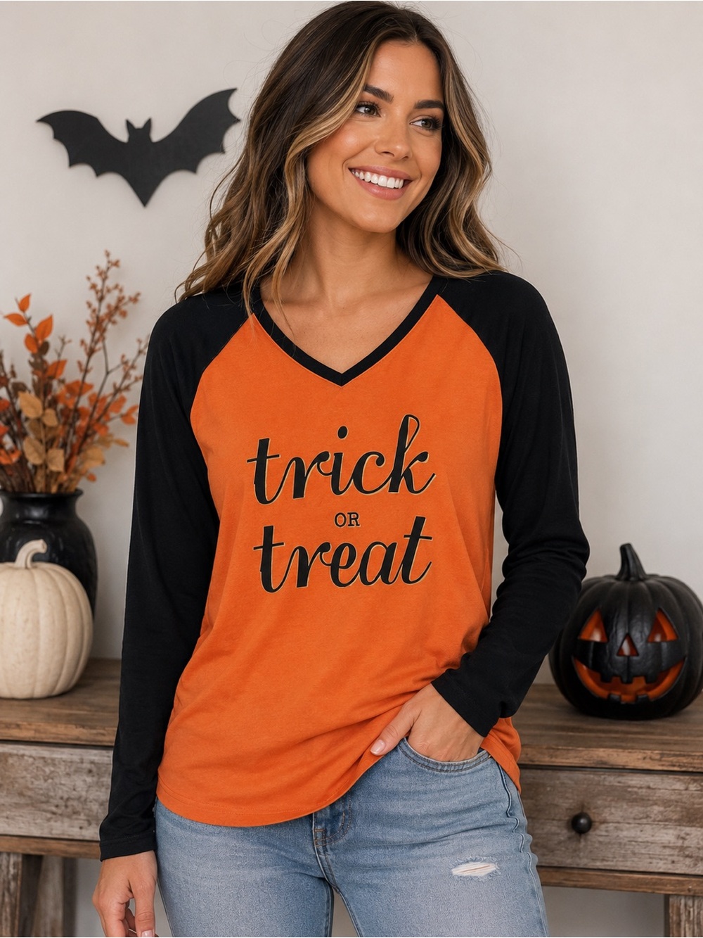 Halloween Trick or Treat Orange & Black Raglan V-Neck Tee XL